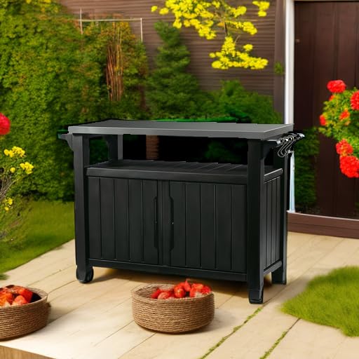 Keter Unity XL Outdoor Portable Table and Storage Cabinet with Hooks for Grill Accessories Stainless Steel Top for Patio, Kitchen, Island or Bar Cart, Dark Grey