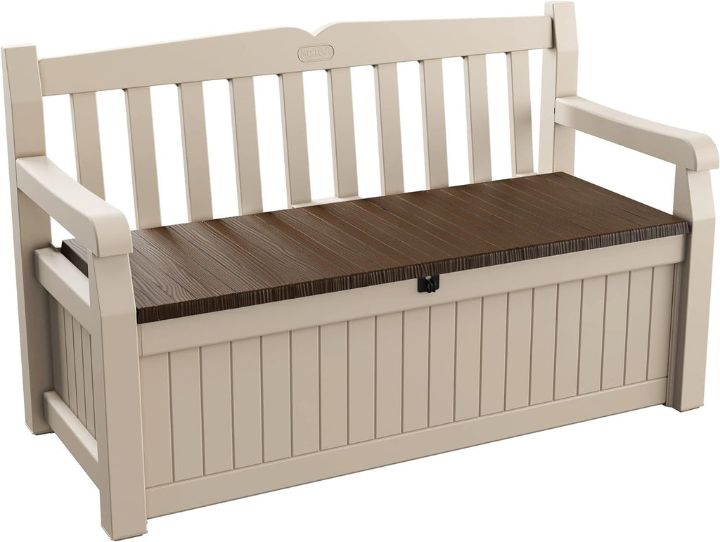 Keter Eden Bench 265L Outdoor 60% recycled Garden Furniture Storage Box Beige & Brown Wood Panel Effect | Fade Free | All Weather Resistant | Safe and Secure | Zero Maintenance | 2 year Warranty