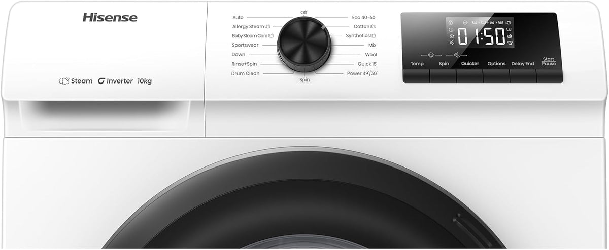 Hisense 1Q Series WF1Q1041BW Freestanding 10 KG Front Load Washing Durable Inverter Machine, Steam Wash, Quick Wash, 15 Washing Programs 1400 RPM White - Energy Rating A