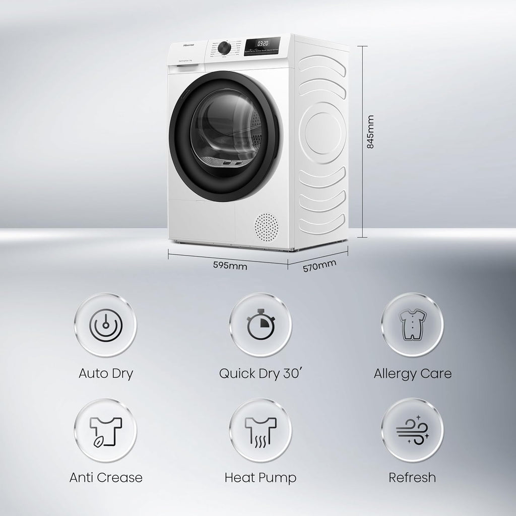 Hisense DH1Q802BW2 60cm Freestanding 8 KG Heatpump Front Load Tumble Dryer, 16 Programmes, Auto Dry, Steam Refresh, Allergy Care - White