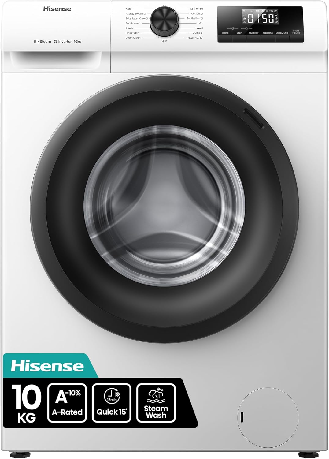 Hisense 1Q Series WF1Q1041BW Freestanding 10 KG Front Load Washing Durable Inverter Machine, Steam Wash, Quick Wash, 15 Washing Programs 1400 RPM White - Energy Rating A