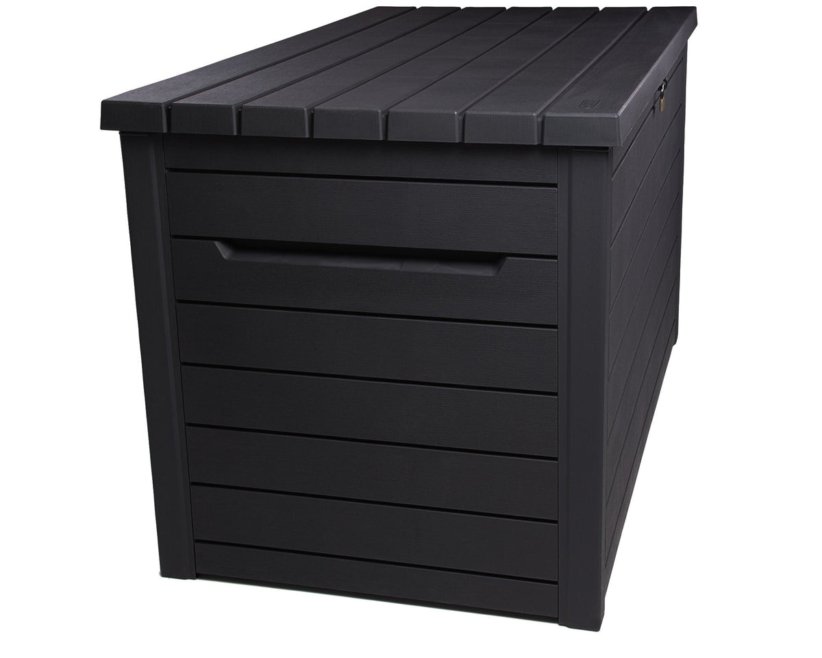 Keter Ontario XXL Cushion Box, Storage Box, Anthracite, 870 Litres, Wood Look with Gas Pressure Springs, Approx. 146 x 82 x 86 (H) cm