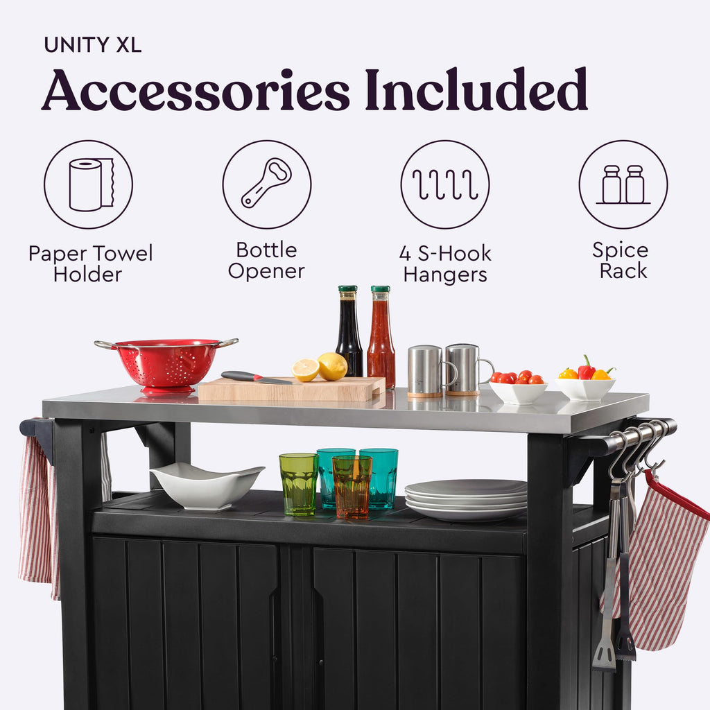 Keter Unity XL Outdoor Portable Table and Storage Cabinet with Hooks for Grill Accessories Stainless Steel Top for Patio, Kitchen, Island or Bar Cart, Dark Grey