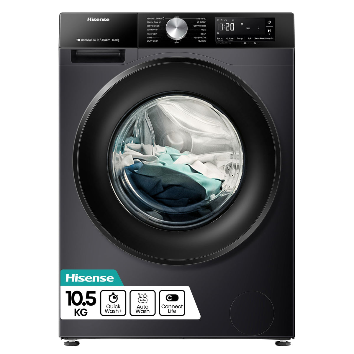 Hisense 1Q Series WF1Q1041BW Freestanding 10 KG Front Load Washing Durable Inverter Machine, Steam Wash, Quick Wash, 15 Washing Programs 1400 RPM White - Energy Rating A
