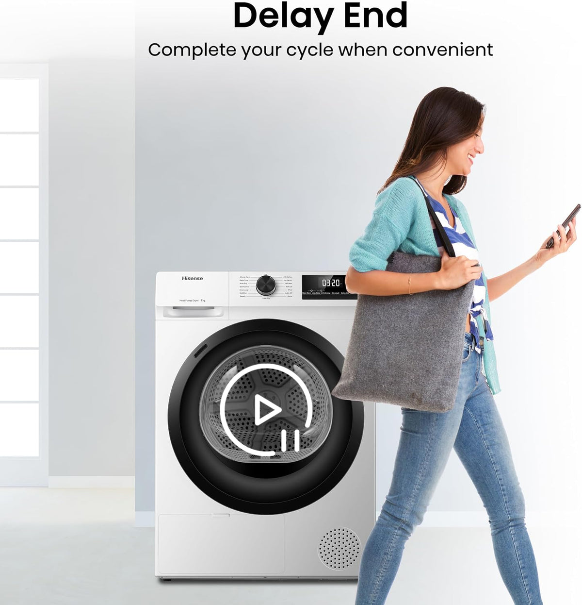 Hisense DH1Q802BW2 60cm Freestanding 8 KG Heatpump Front Load Tumble Dryer, 16 Programmes, Auto Dry, Steam Refresh, Allergy Care - White