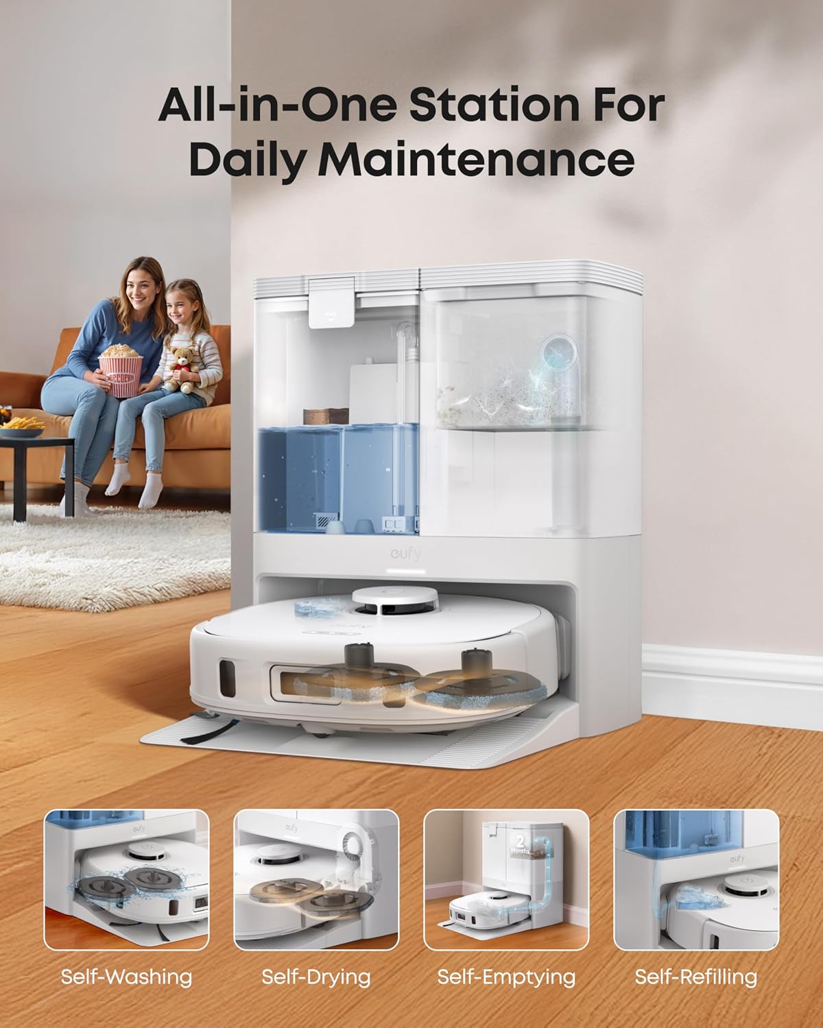 eufy X10 Pro Omni Robot Vacuum Cleaner with Mop, All-in-One Station, 8,000Pa Powerful Suction, Dual Mops, AI Obstacle Avoidance, Auto Mop Washing, Auto-Hot-Air-Drying